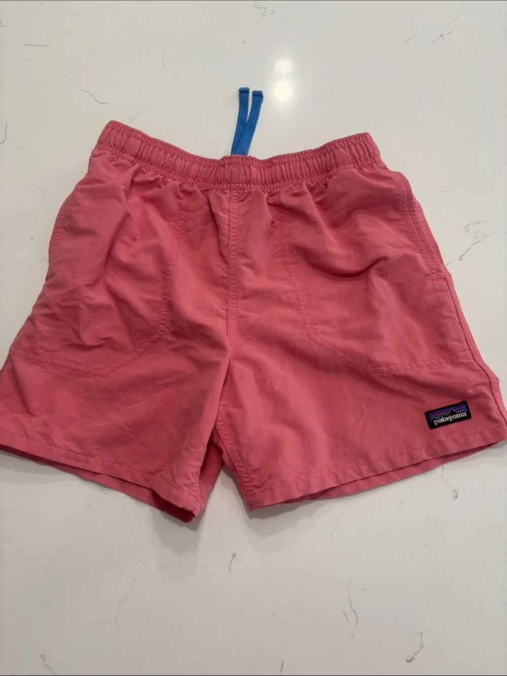 Patagonia Kids Coral Pink Swim Shorts with Blue Drawcord - Large